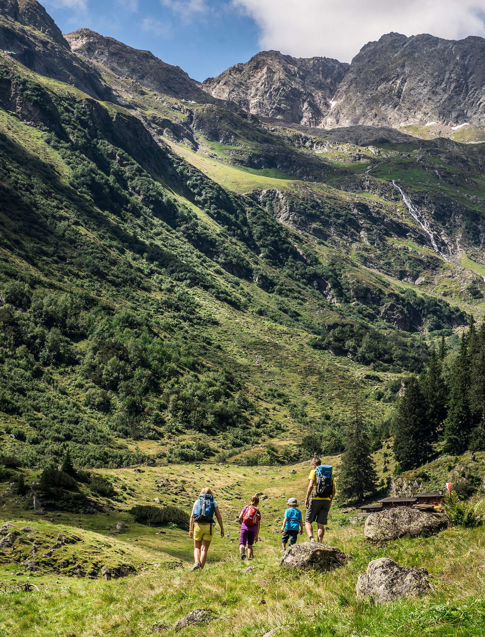 Eine Familie inmitten grüner Almen beim Wandern in den Pflerscher Bergen - Knappenhof B&B