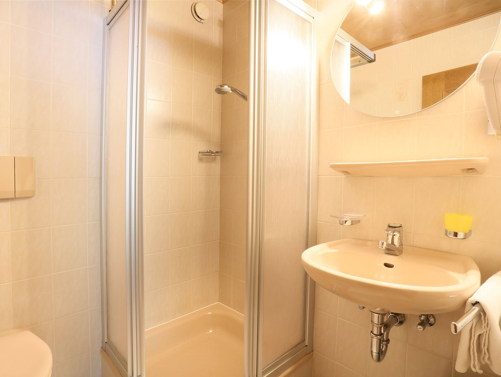 The bathroom with shower in double room Ladurns - Knappenhof B&B